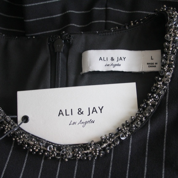 Ali & Jay Black White Pinstripe Ponte Halter MinDress Embellished Neckline L NWT - Picture 6 of 6